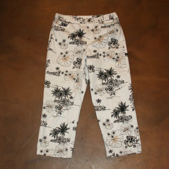 RAFAELLA Capri Pants 10 Black White Floral Stretch 30 x 23.5 Palm Trees Tropical - Picture 1 of 7